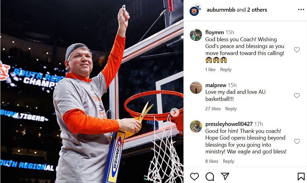 Auburn fans react to assistant coach Chad Prewett's departure on IG. Image via @auburnmbb